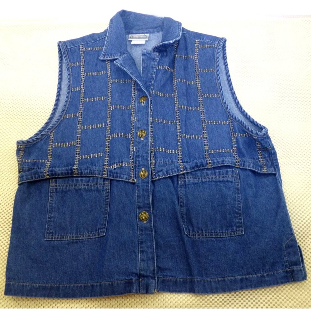 VTG Saint Germain Womens Denim Vest XL Button Front Embroidered Stitching Pocket - Picture 1 of 12